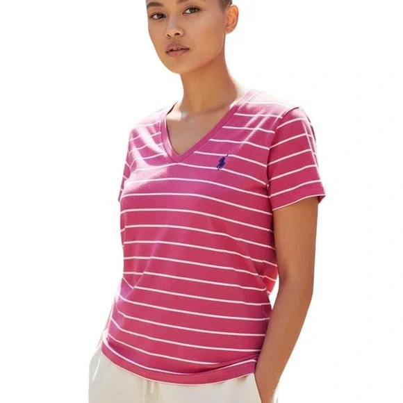 Ralph Lauren Sport Pink White Striped V Neck Short Sleeve Cotton T Shirt Top S - Picture 1 of 8